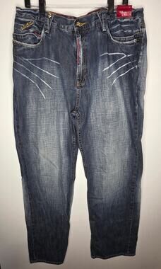 Vintage Y2K Stash House Denim Jeans 38 Skull & Dollar Sign Patch Streetwear